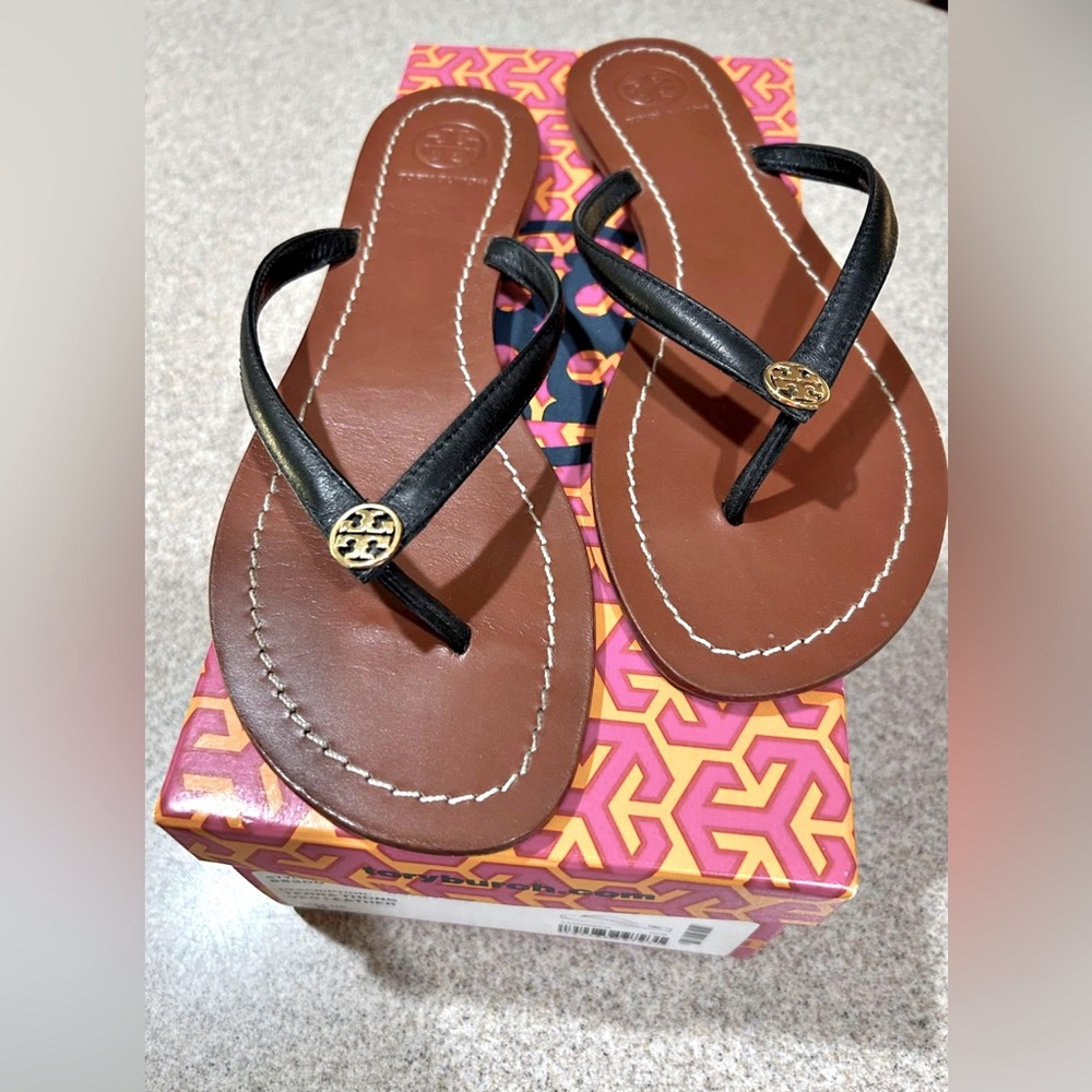 Tory Burch Black and Brown Sandals with Embellished Straps
